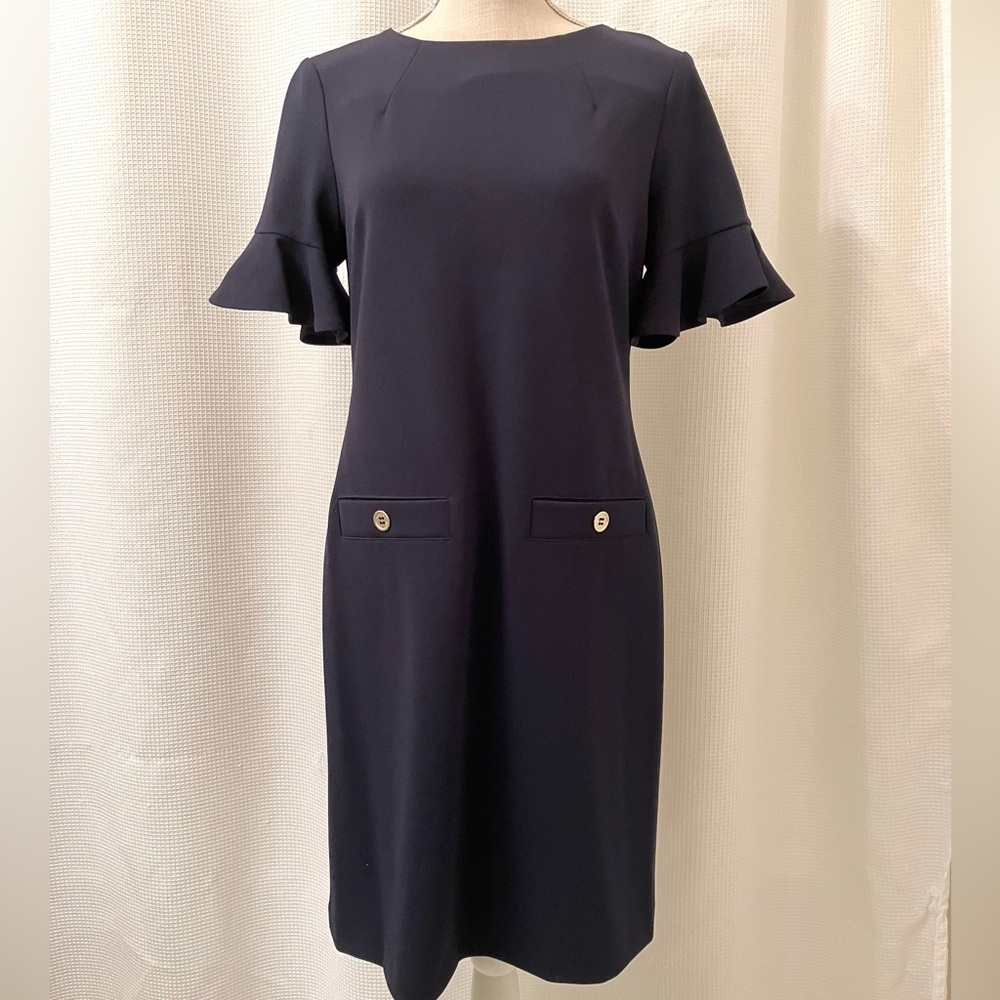 Vintage Tommy Hilfiger navy blue midi dress with ruffled sleeves, size 6